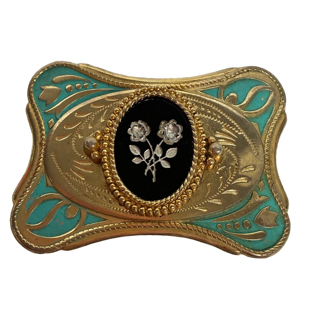 Vintage Art Nouveau Style Belt Buckle Turquoise Enamel Black Floral Rose Ornate